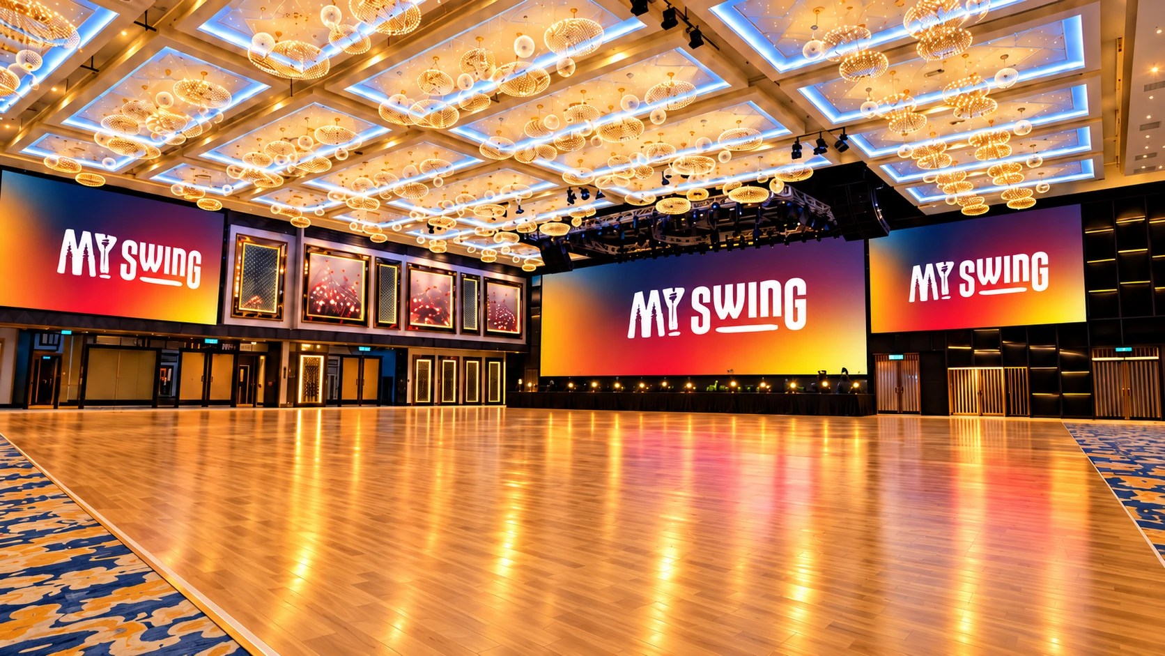 MY Swing setup visual of Vivatel Kuala Lumpur’s ballroom, with a wooden dance floor, illuminated chandeliers and MY Swing artwork on the screens.